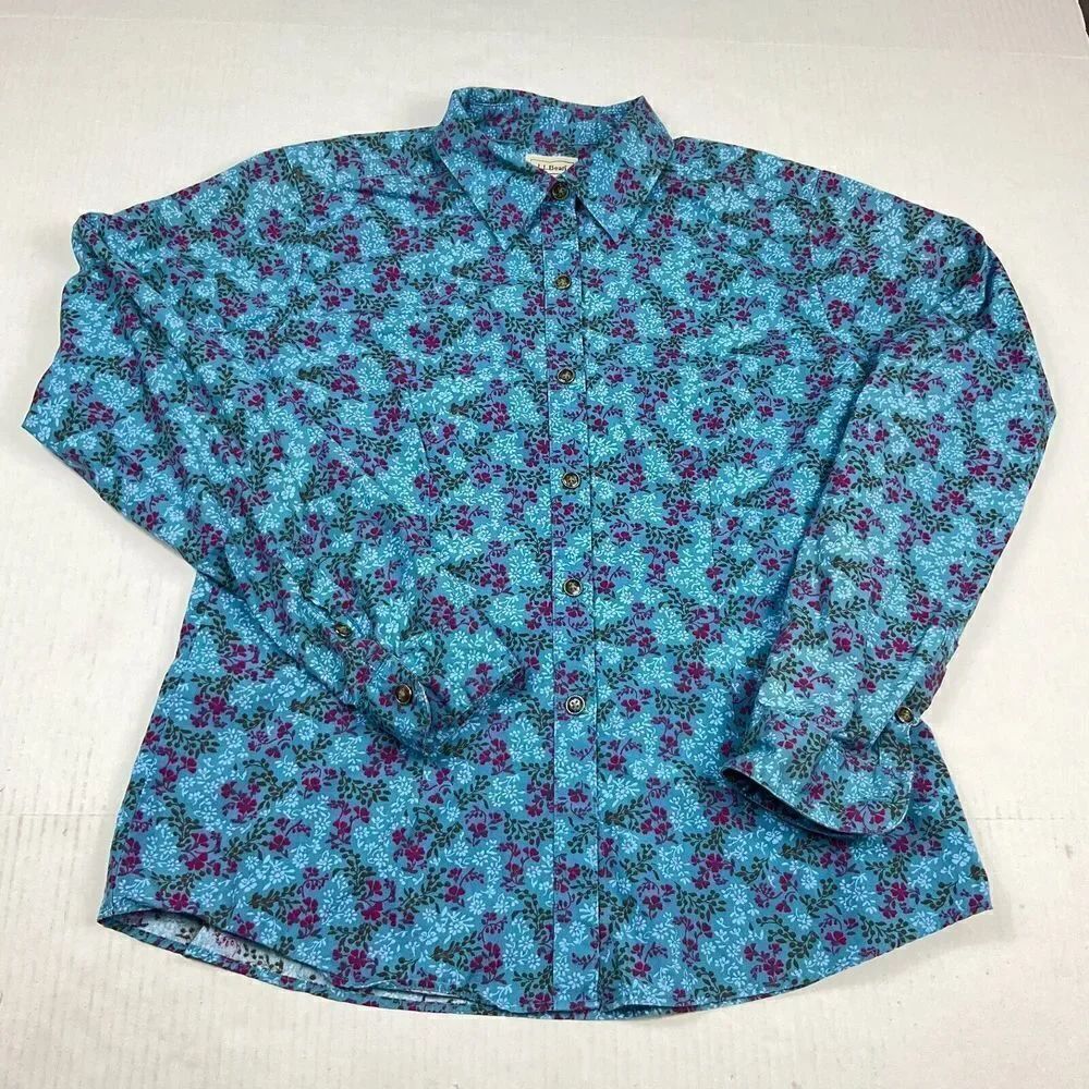 LL Bean Womens Button Down Shirt Floral Cotton Long Sleeve Collared Top Small
